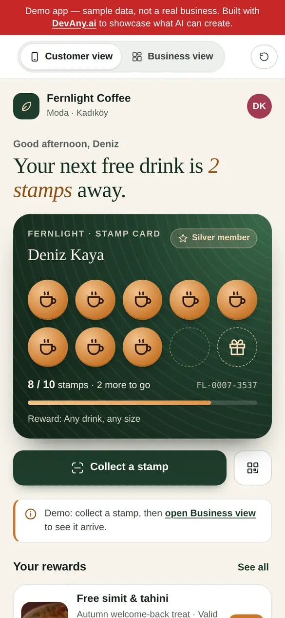 CafeLoyal customer view for Fernlight Coffee, on a phone