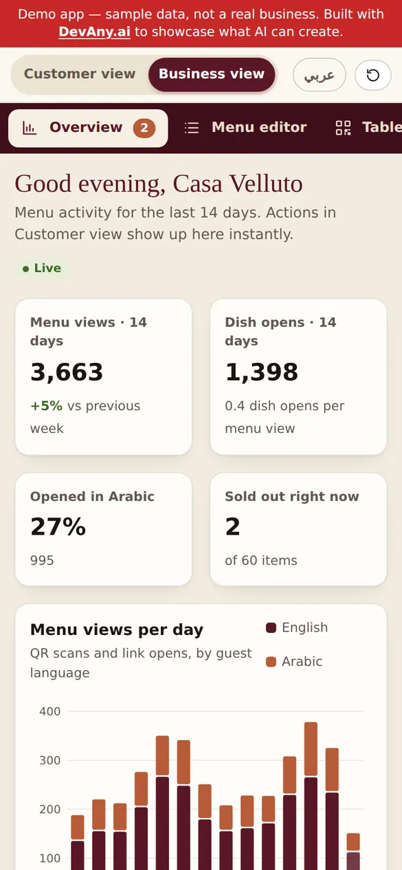 Digital Menu business view for Casa Velluto, on a phone