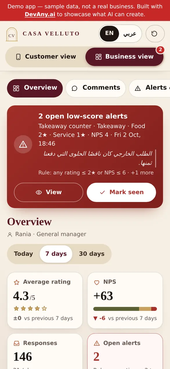 Guest Survey business view for Casa Velluto, on a phone