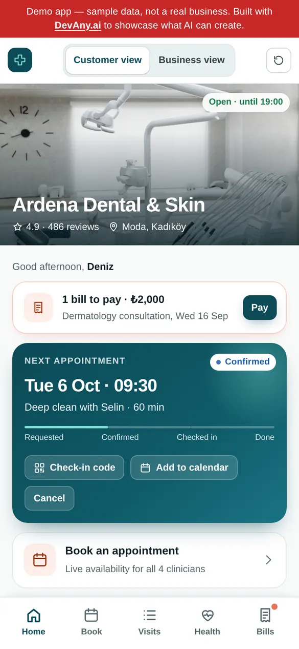 ClinicOS customer view for Ardena Dental & Skin, on a phone