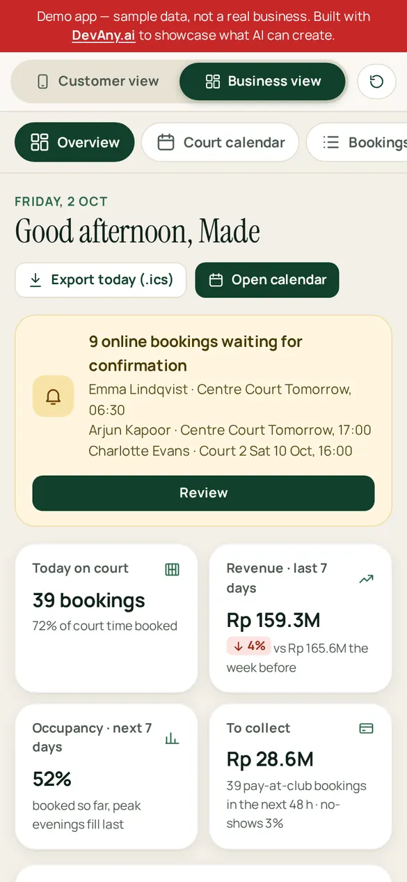 CourtBook business view for Bounce Padel Club, on a phone