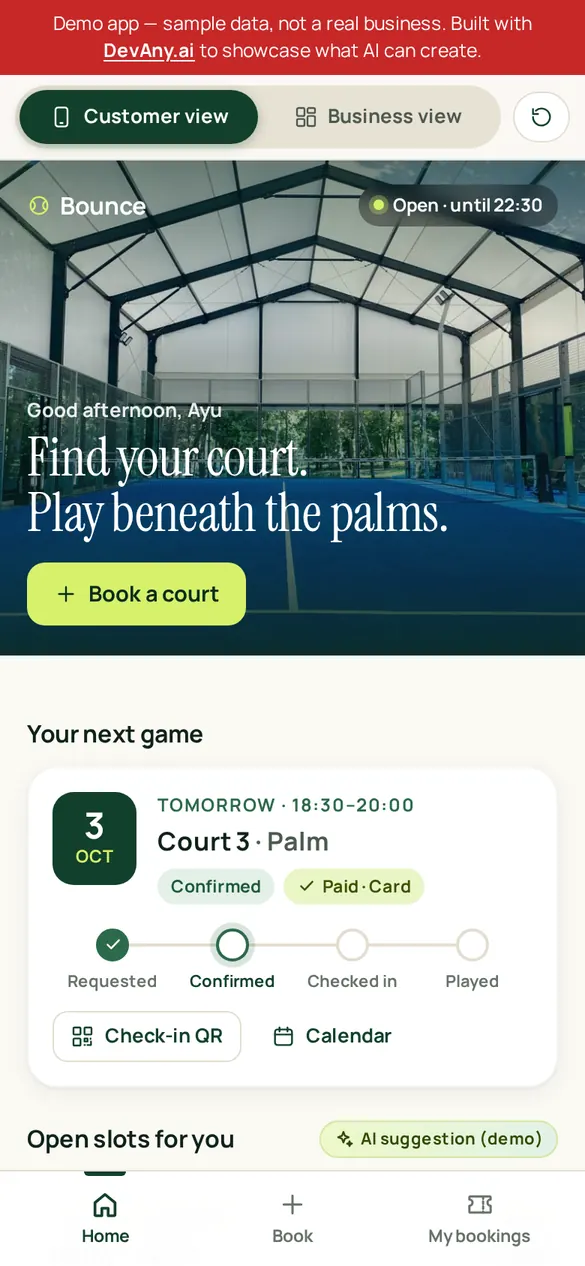 CourtBook customer view for Bounce Padel Club, on a phone