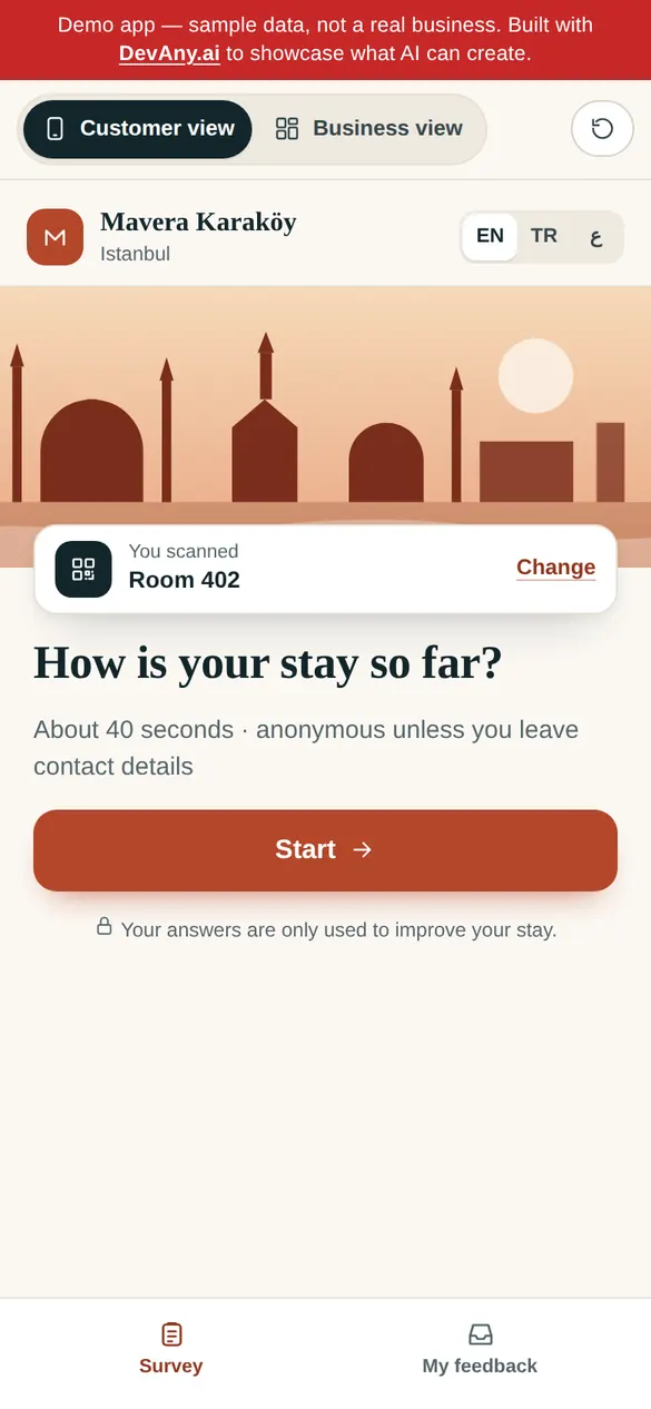 Mavera Hotels için Feedback Hub müşteri görünümü, telefonda