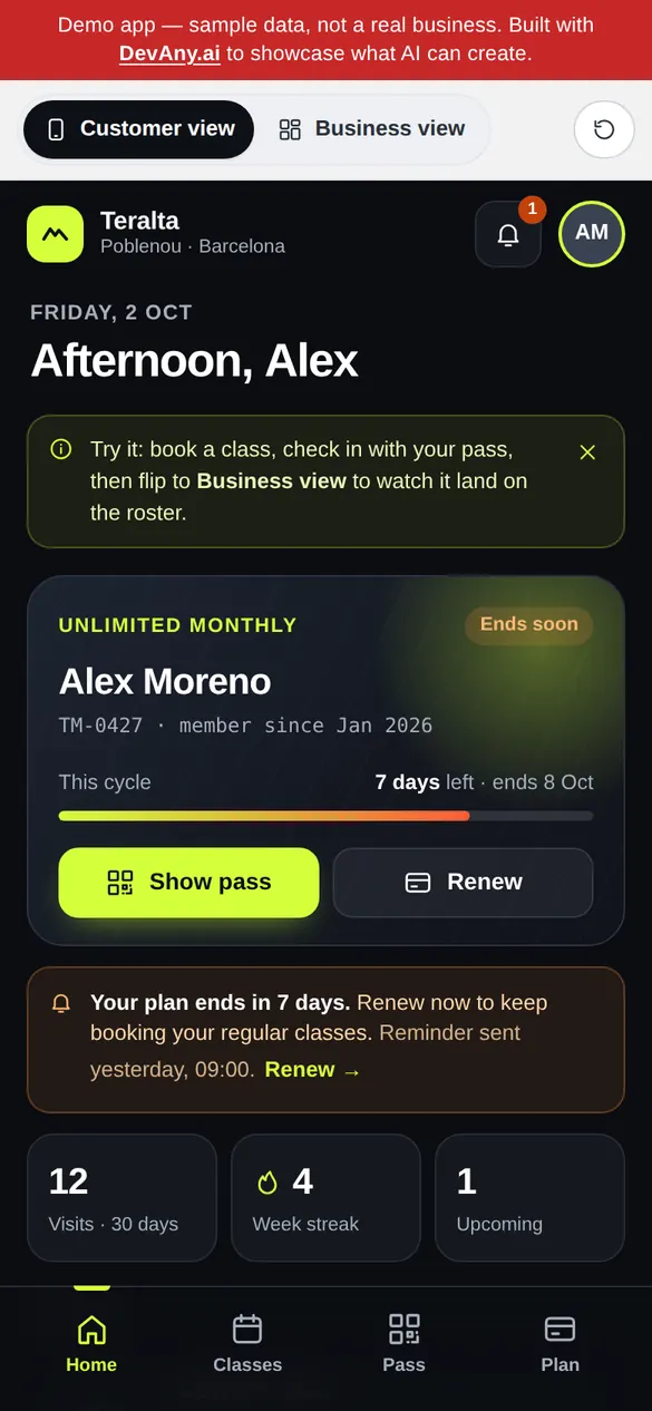 GymFlow customer view for Teralta Movement Club, on a phone