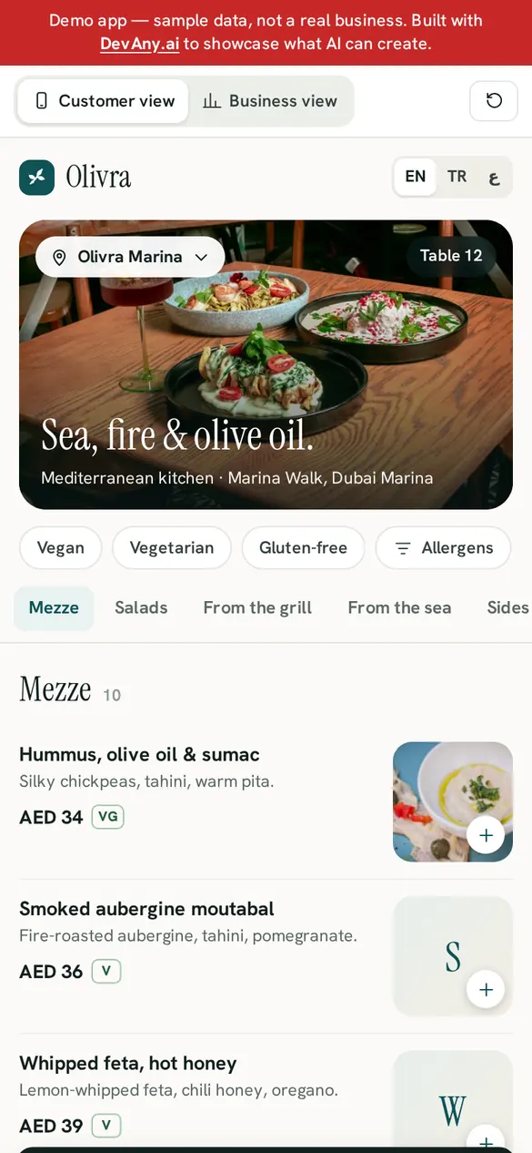 Olivra için Menu Engineering müşteri görünümü, telefonda