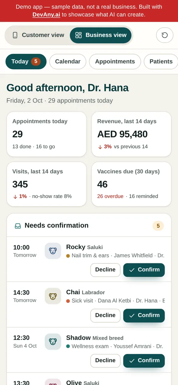 PetCare business view for Sandpaw Veterinary Clinic, on a phone