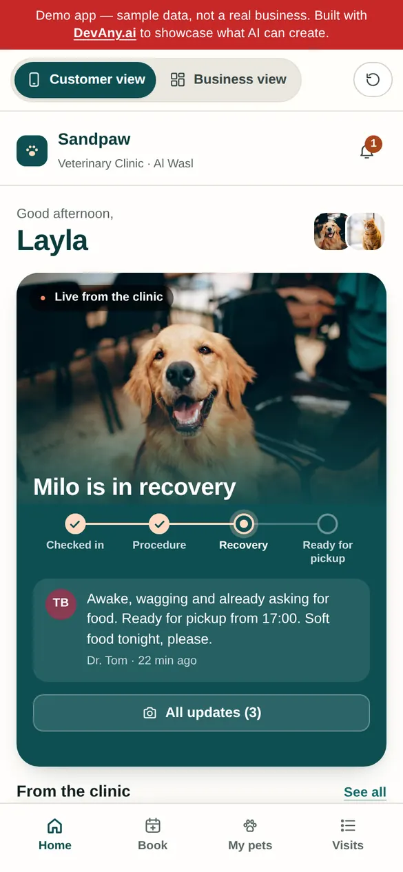 PetCare customer view for Sandpaw Veterinary Clinic, on a phone