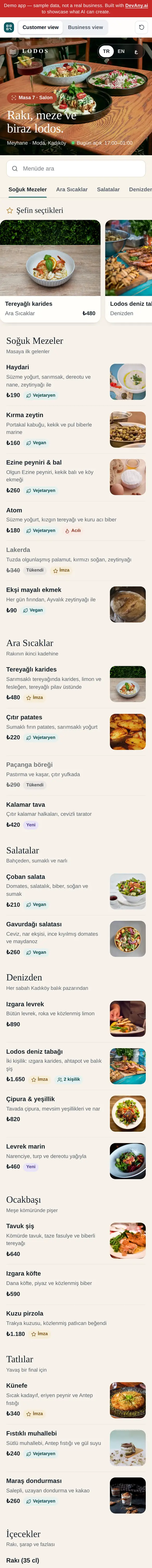 Lodos Meyhane için QR Menu müşteri görünümü, telefonda