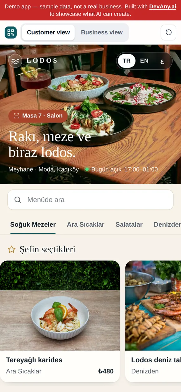Lodos Meyhane için QR Menu müşteri görünümü, telefonda