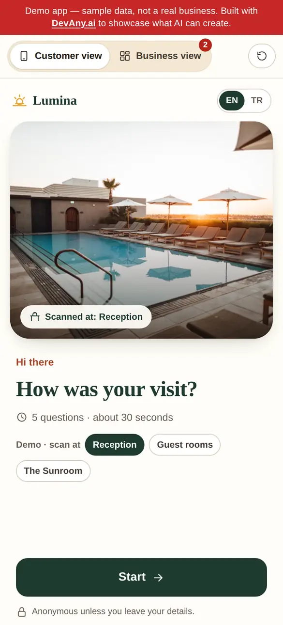 QR Survey customer view for Lumina, on a phone