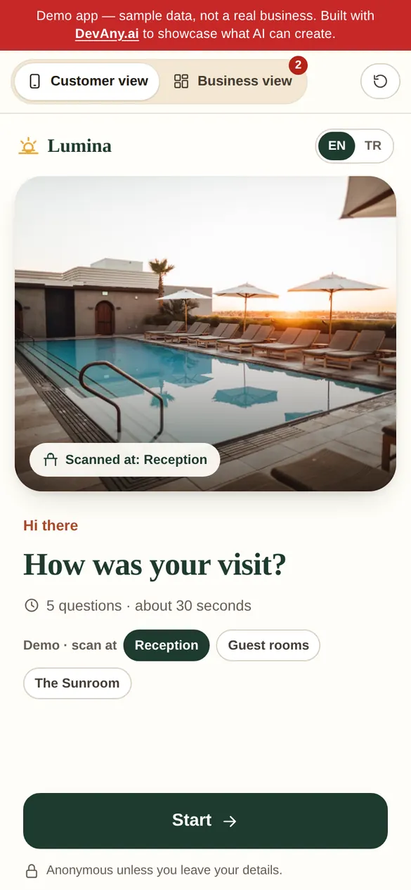 Lumina için QR Survey müşteri görünümü, telefonda
