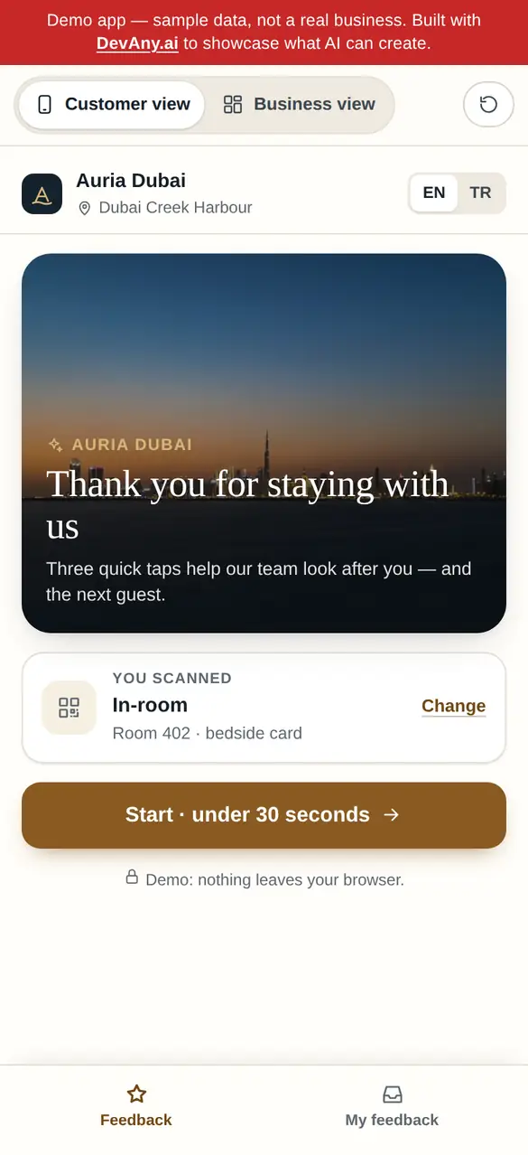 Auria Dubai için ReviewHub müşteri görünümü, telefonda
