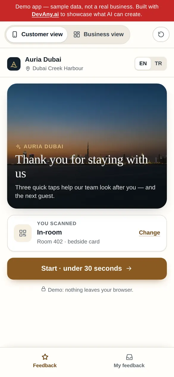 Auria Dubai için ReviewHub müşteri görünümü, telefonda
