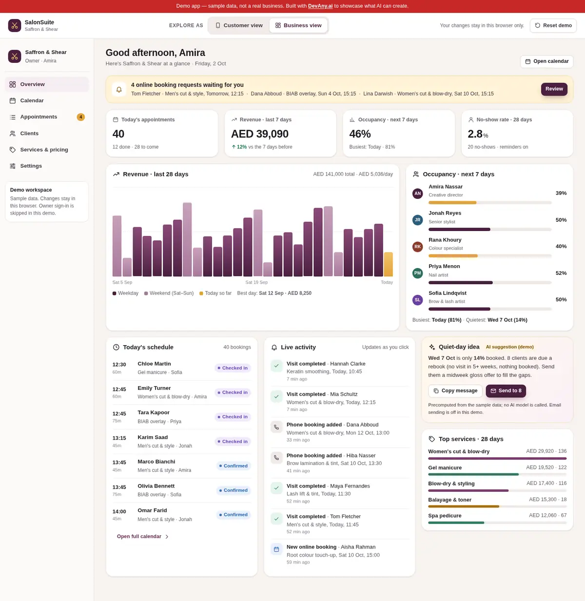 SalonSuite business view for Saffron & Shear