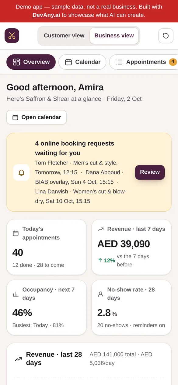 SalonSuite business view for Saffron & Shear, on a phone