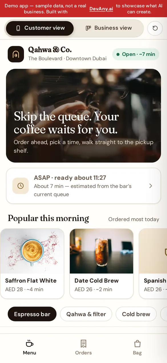 SkipQueue customer view for Qahwa & Co., on a phone