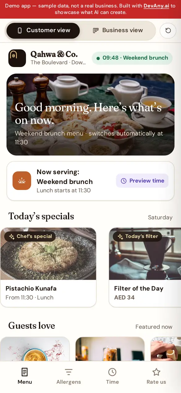 Smart Menu customer view for Qahwa & Co., on a phone