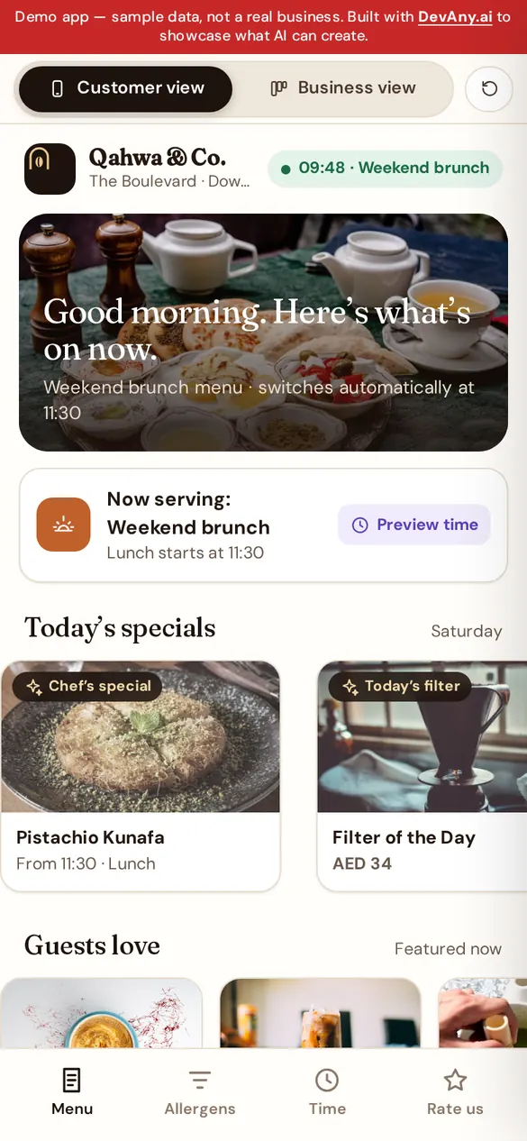 Qahwa & Co. için Smart Menu müşteri görünümü, telefonda