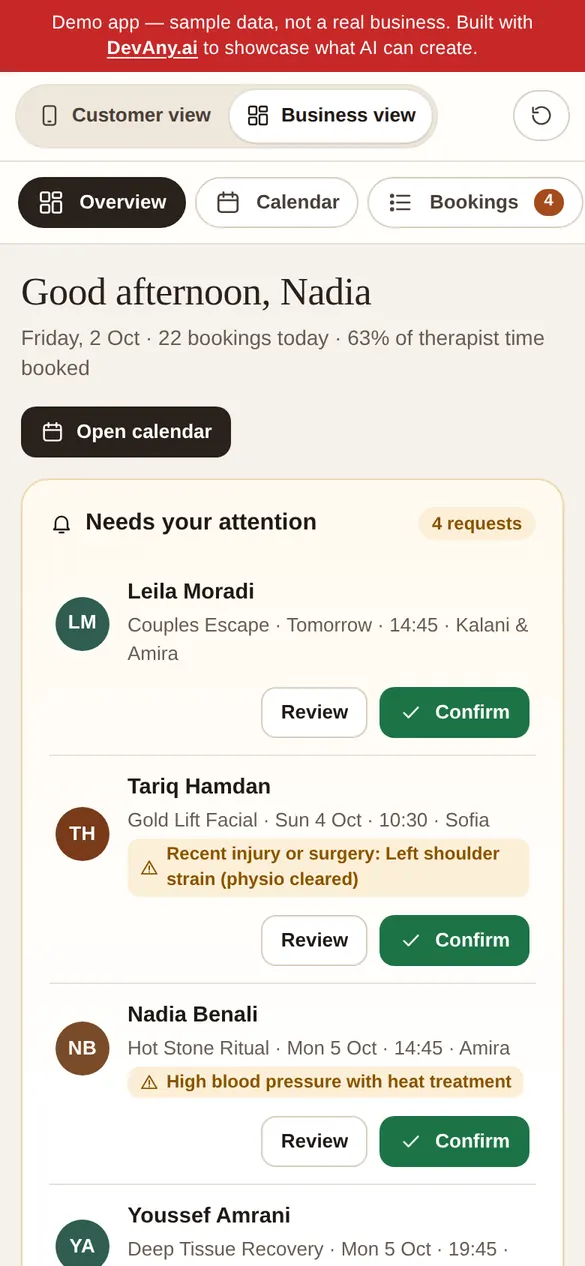 SpaSerenity business view for Lumina Wellness, on a phone