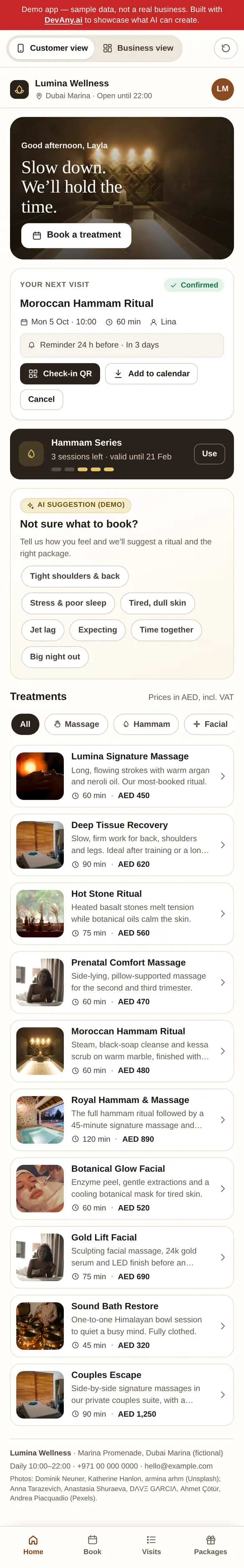 SpaSerenity customer view for Lumina Wellness, on a phone