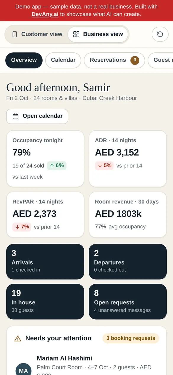 StayFlow business view for Auria Dubai, on a phone