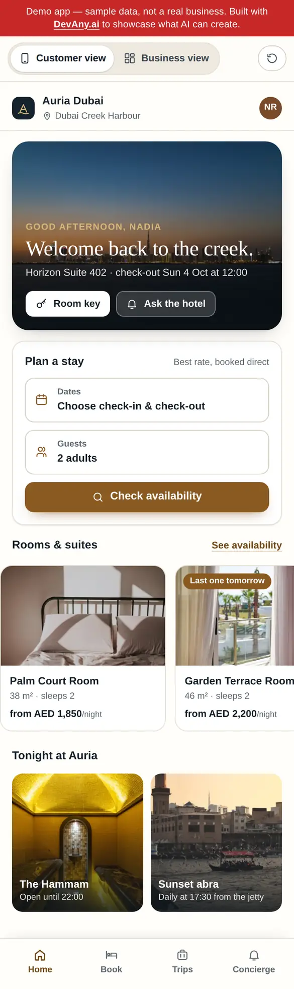 StayFlow customer view for Auria Dubai, on a phone