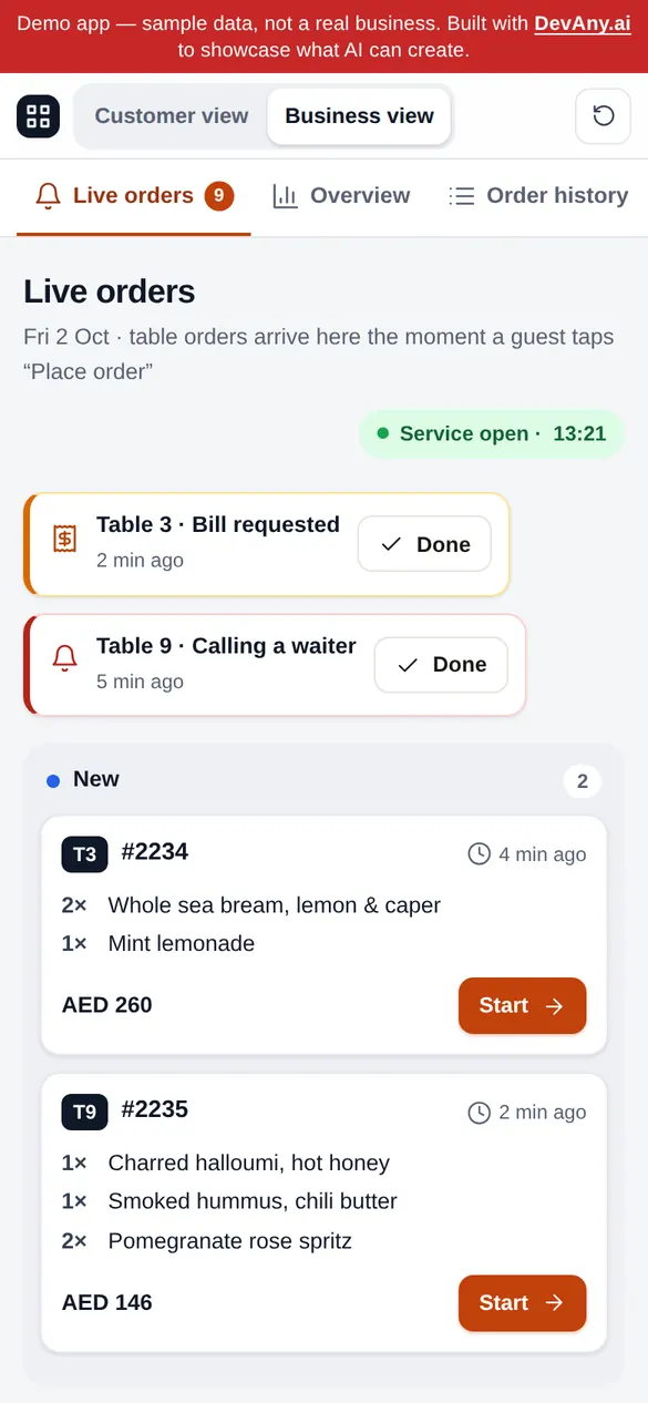 TableWise business view for Ember & Fig, on a phone