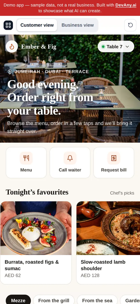 TableWise customer view for Ember & Fig, on a phone