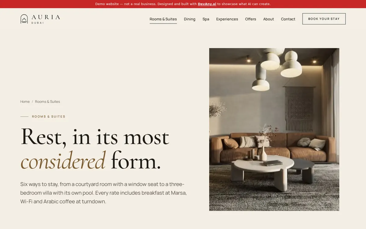 The “Rooms & Suites at Dubai Creek Harbour” page of Auria Dubai