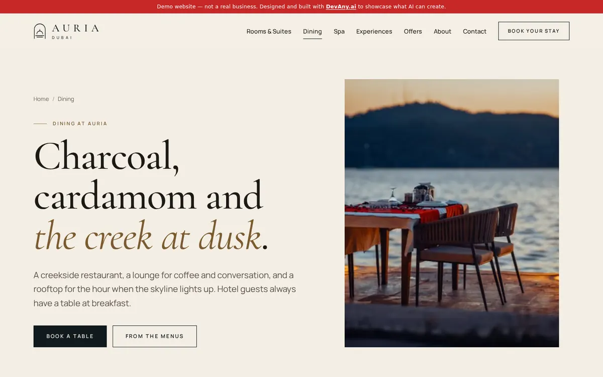 The “Dining: Marsa, The Majlis & Samar Rooftop” page of Auria Dubai