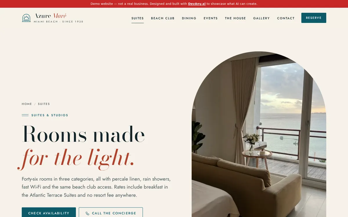 Azure Maré sitesinden “Suites & Studios in South Beach” sayfası