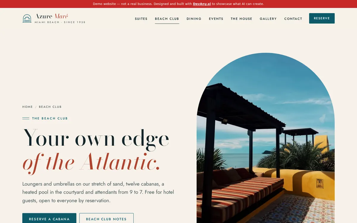 Azure Maré sitesinden “Beach Club & VIP Cabanas, South Beach” sayfası