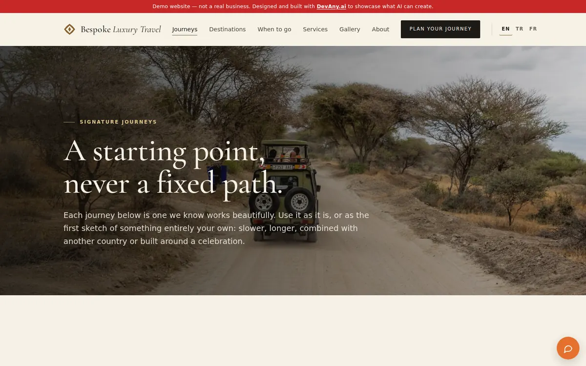 The “Signature Safari Journeys” page of Bespoke Luxury Travel