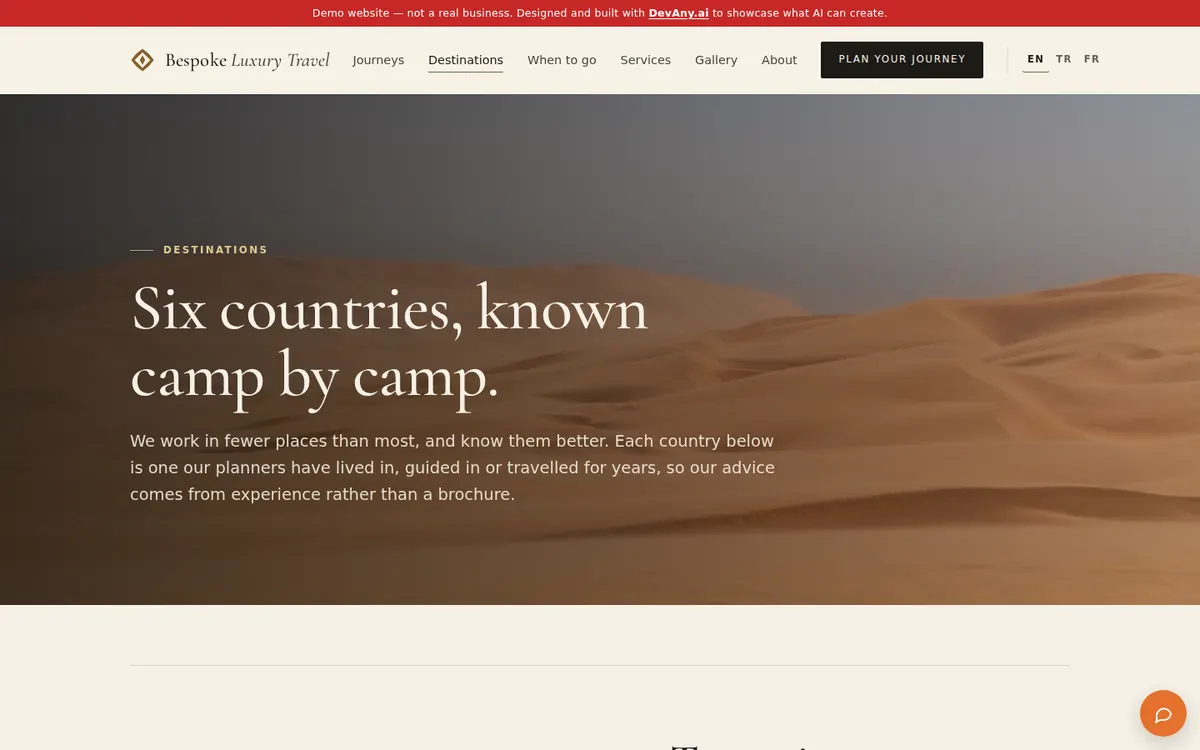 The “Where We Travel in Africa” page of Bespoke Luxury Travel