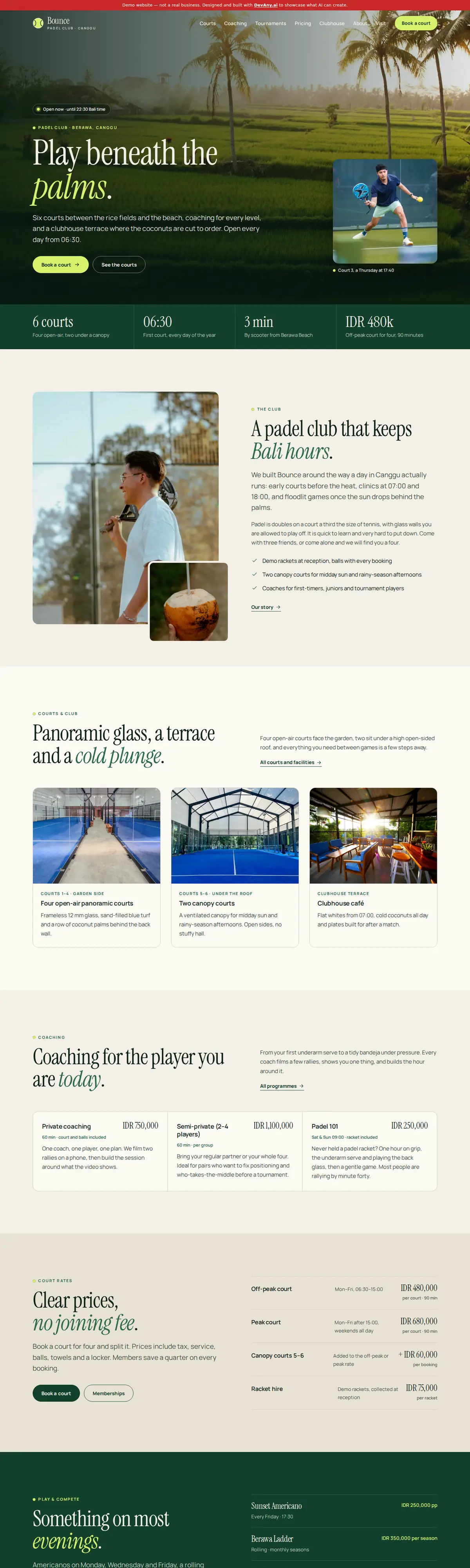 Bounce Padel Club home page, full-page screenshot
