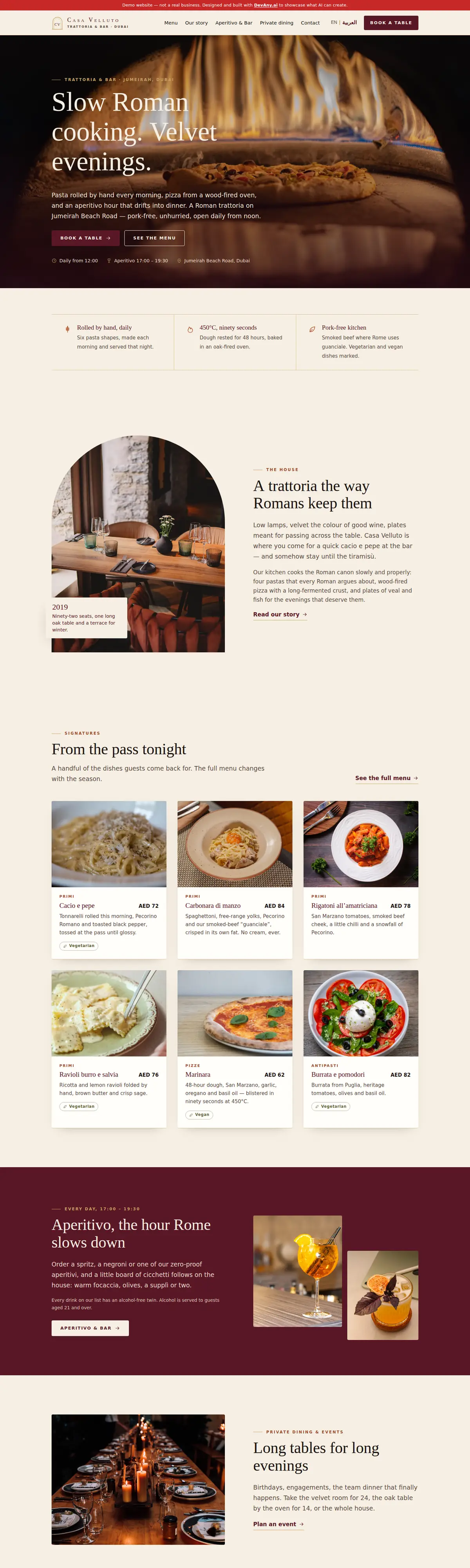 Casa Velluto home page, full-page screenshot