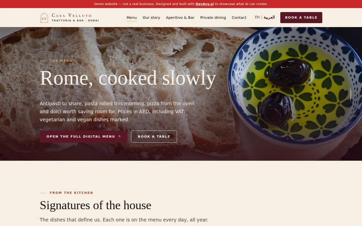 The “Menu — Fresh Pasta, Wood-Fired Pizza & Dolci” page of Casa Velluto