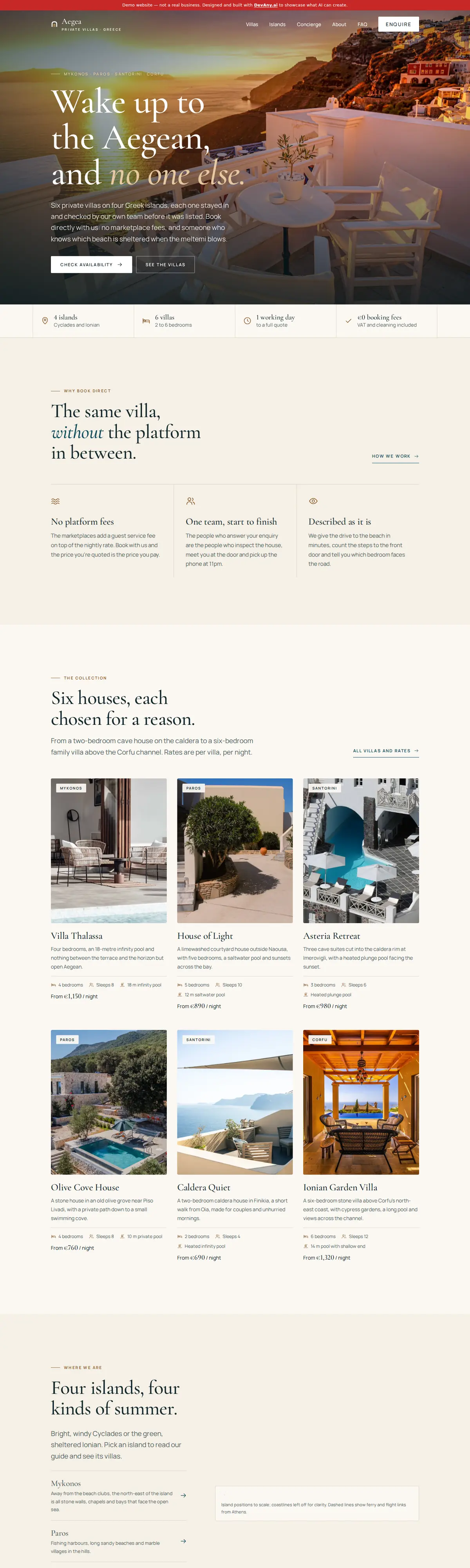 Aegea Villas home page, full-page screenshot