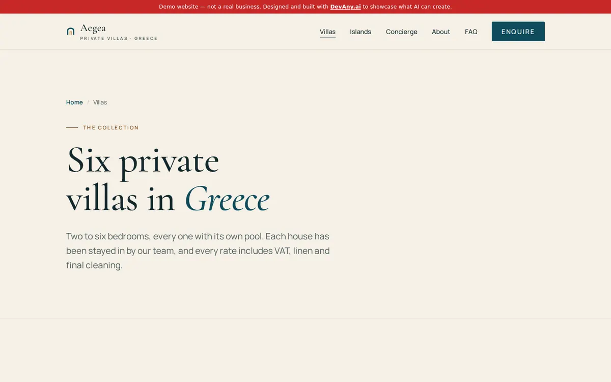 The “Private Villas with Pools in Greece” page of Aegea Villas