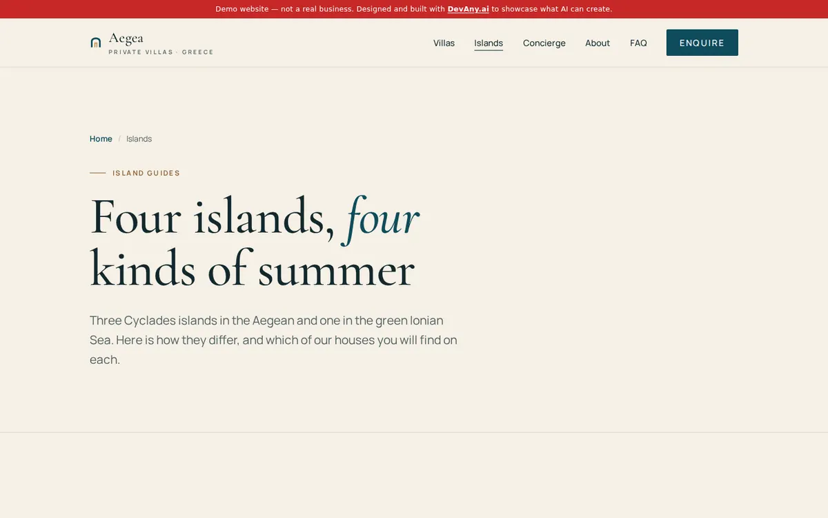 The “Greek Island Guides: Where to Stay” page of Aegea Villas