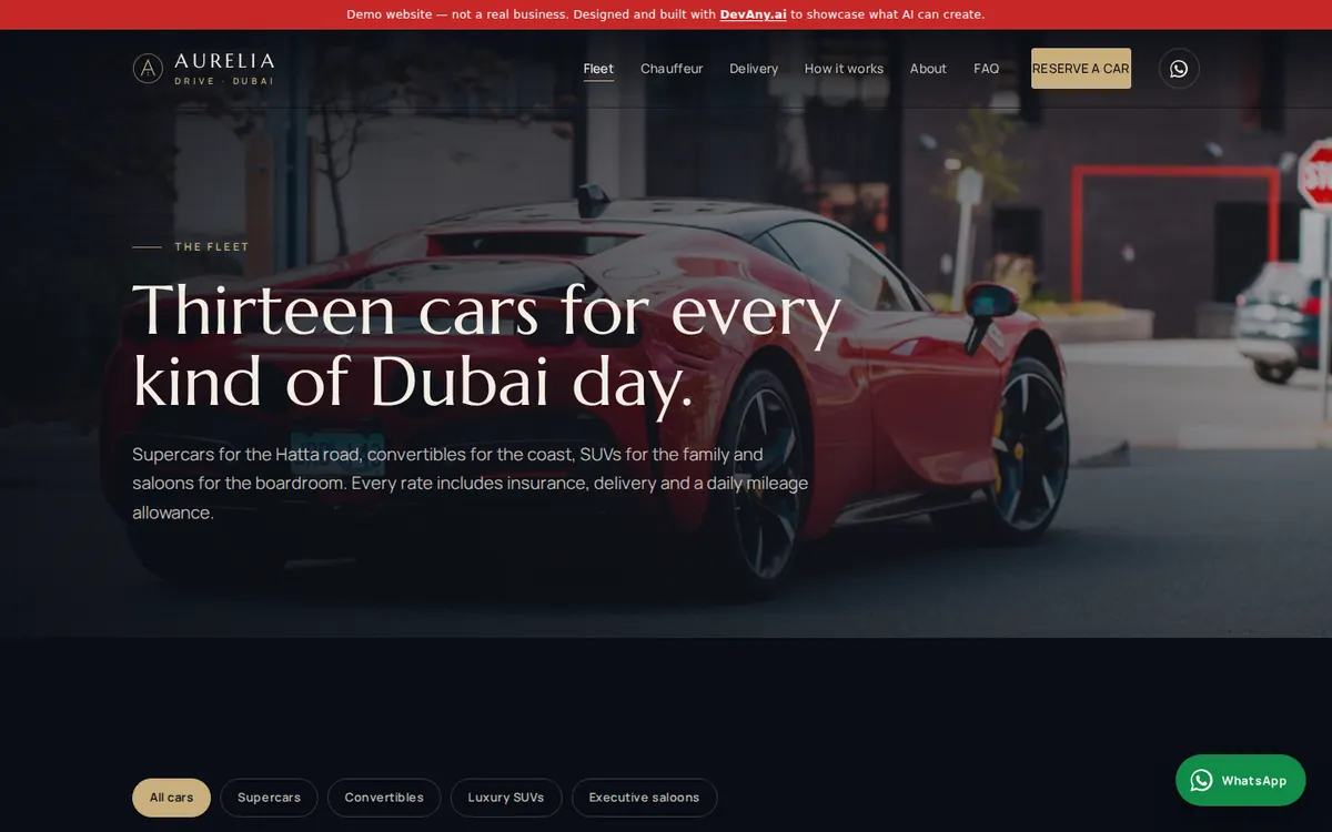 The “Luxury Car Rental Fleet in Dubai” page of Aurelia Drive