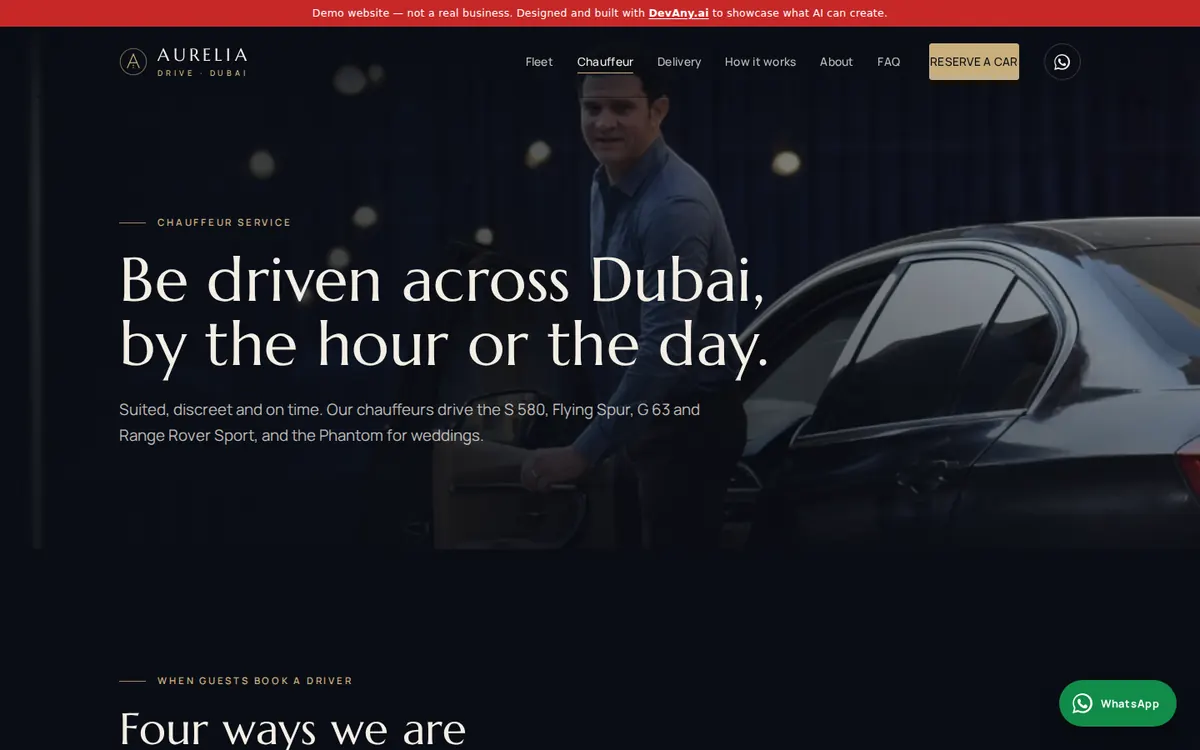 The “Chauffeur Service in Dubai” page of Aurelia Drive