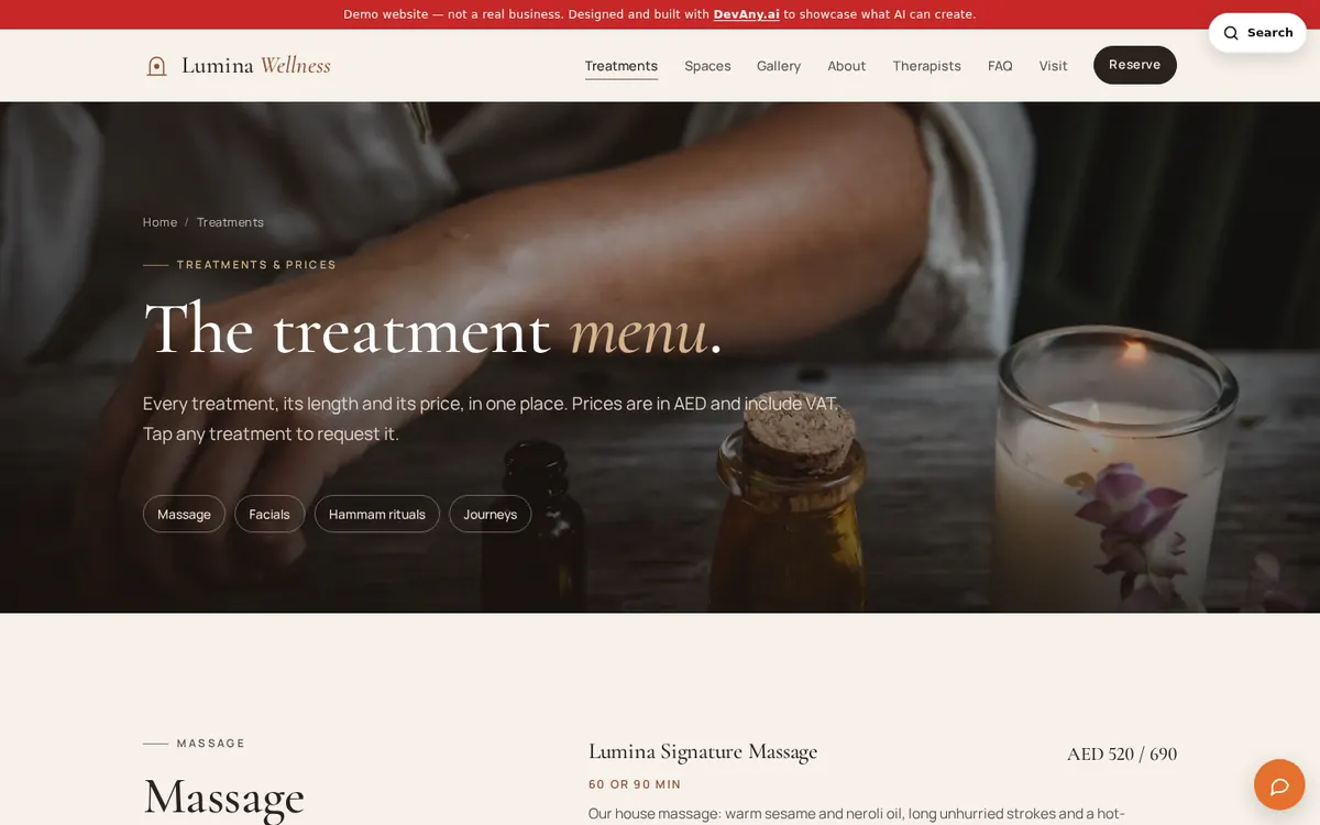 Lumina Wellness sitesinden “Spa Treatment Menu & Prices” sayfası