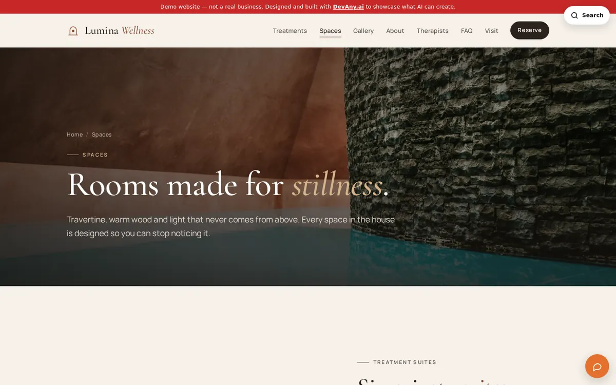 Lumina Wellness sitesinden “Spa Suites, Hammam & Lounge” sayfası