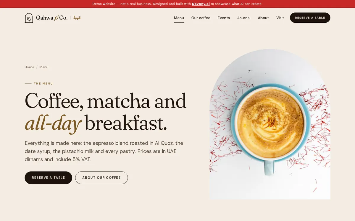 The “Menu: Specialty Coffee, Matcha & Breakfast” page of Qahwa & Co.