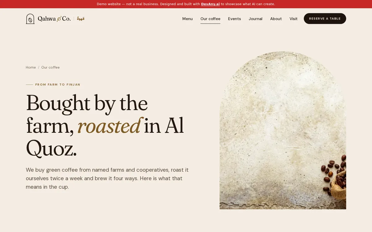 The “Our Coffee: Origins, Roasting & Brewing” page of Qahwa & Co.