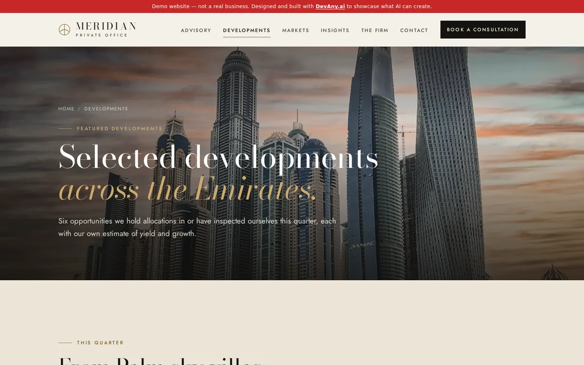 Meridian Private Office sitesinden “Featured UAE Developments” sayfası