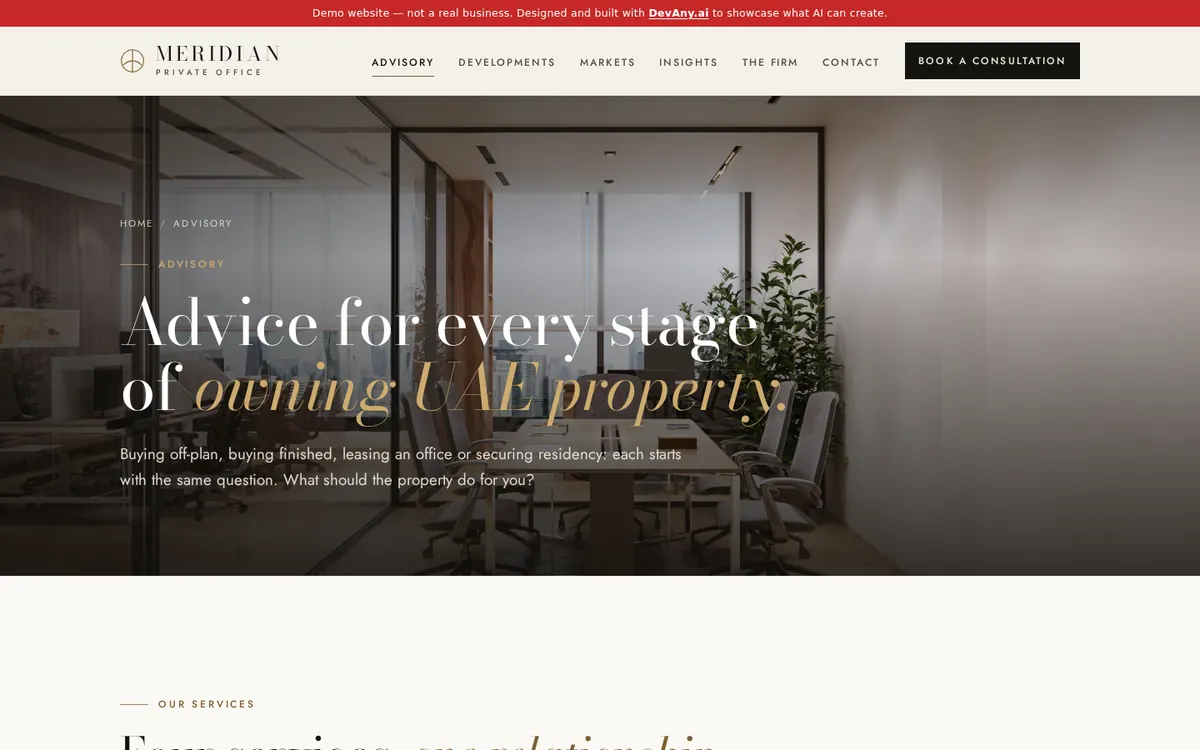 Meridian Private Office sitesinden “UAE Property Advisory Services” sayfası